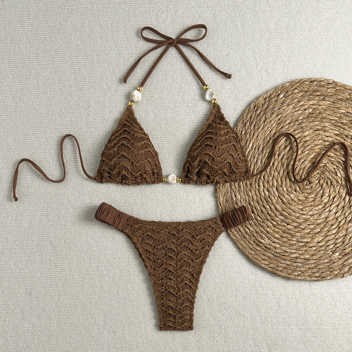 Special String Beads Texture Surface Sexy Lacing Split Swimsuit Bikini