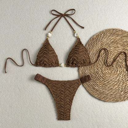 Special String Beads Texture Surface Sexy Lacing Split Swimsuit Bikini