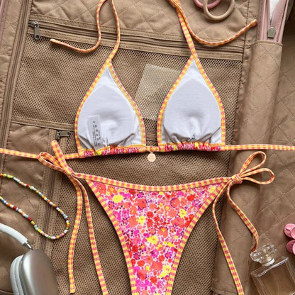 Printed Triangle Strap Small Embellished Sexy Split Bikini Swimsuit for Women
