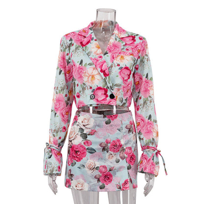 Women Clothing Digital Printing Skirt Collared Long Sleeve Top High Waist Short Skirt Two Piece Sets