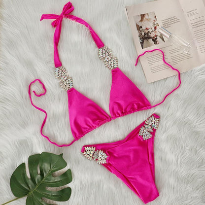Swimsuit Sexy Solid Color Metal Diamond Bikini Bandage Split Swimsuit