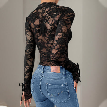 Fall Women Clothing Lace Stitching Long Sleeve V Neck Jumpsuit Women