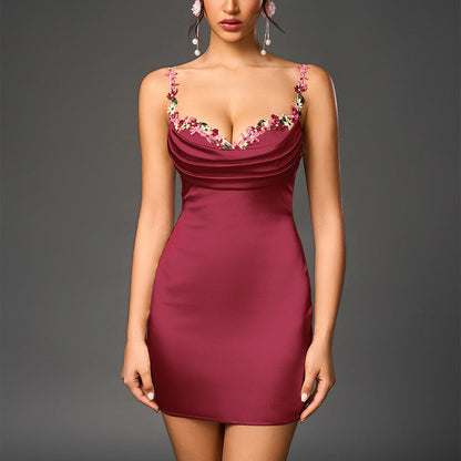 Summer Satin Stitching Dress Sexy Slim Fit Hip Wrapped Short Strap Dress