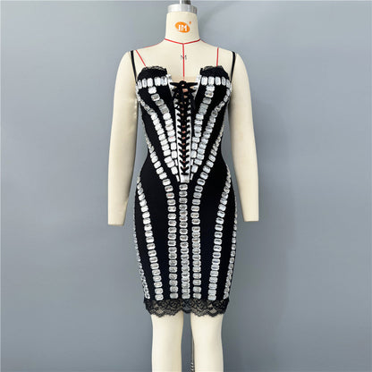 Sexy Sling Lace Stitching Bandage Dress Heavy Industry Rhinestone Personalized Party Dinner Dress