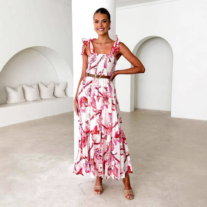 Spring Summer Floral Printed Sling Smocking Elastic Waist Knotted Shoulder Strap Large Swing Dress Long