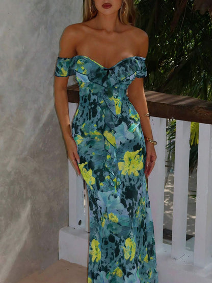 Summer Women Sexy Printed Ruffled Spaghetti Straps Slim Slimming Dress