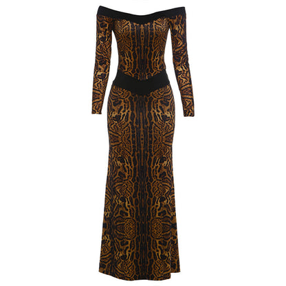 Fall Women Clothing Sexy off the Shoulder Hollow Out Cutout Backless Leopard Print Slim Fit Long Sleeved Dress