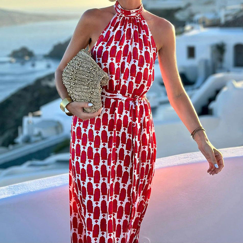 Women Clothing Spring Summer Sexy Print Halter Beach Vacation Mid Length Dress