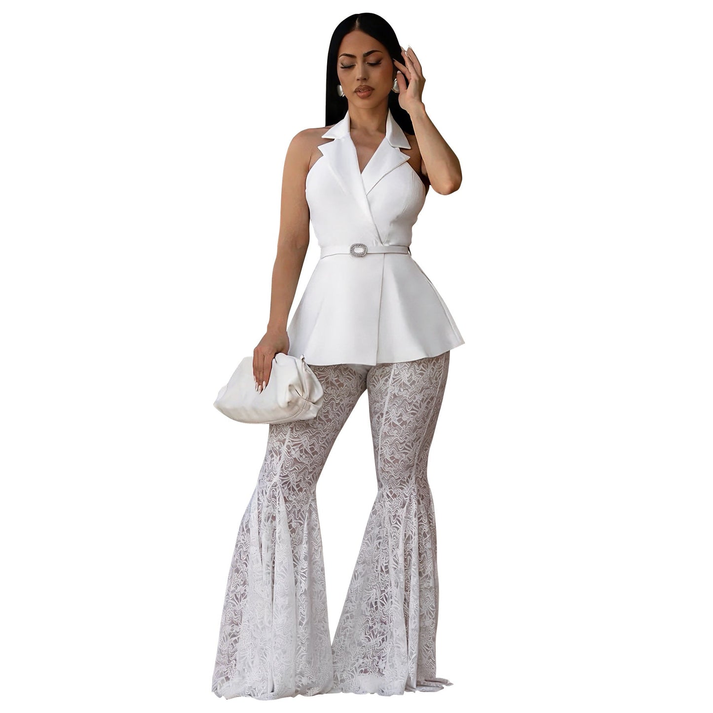 Sleeveless Backless Sexy Lace Bell Bottom Pants Two Piece Set