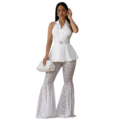 Sleeveless Backless Sexy Lace Bell Bottom Pants Two Piece Set