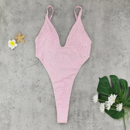 Sexy Backless One Piece T Shaped High Slit Triangle One Piece Swimsuit Women Solid Color Diamond