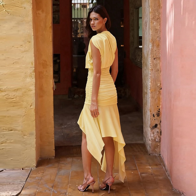 Women Clothing Summer Sleeveless Pleated Waist Tight Slimming Irregular Asymmetric Dress
