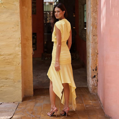 Women Clothing Summer Sleeveless Pleated Waist Tight Slimming Irregular Asymmetric Dress