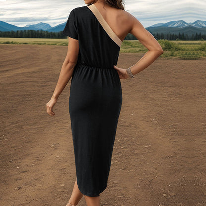 Summer Women Irregular Asymmetric Color Matching Sloping Shoulder Dress