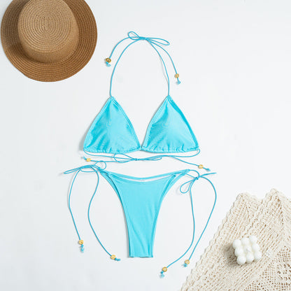 Solid Color Nylon Bikini Set Lace up Split Swimsuit Women Multicolor