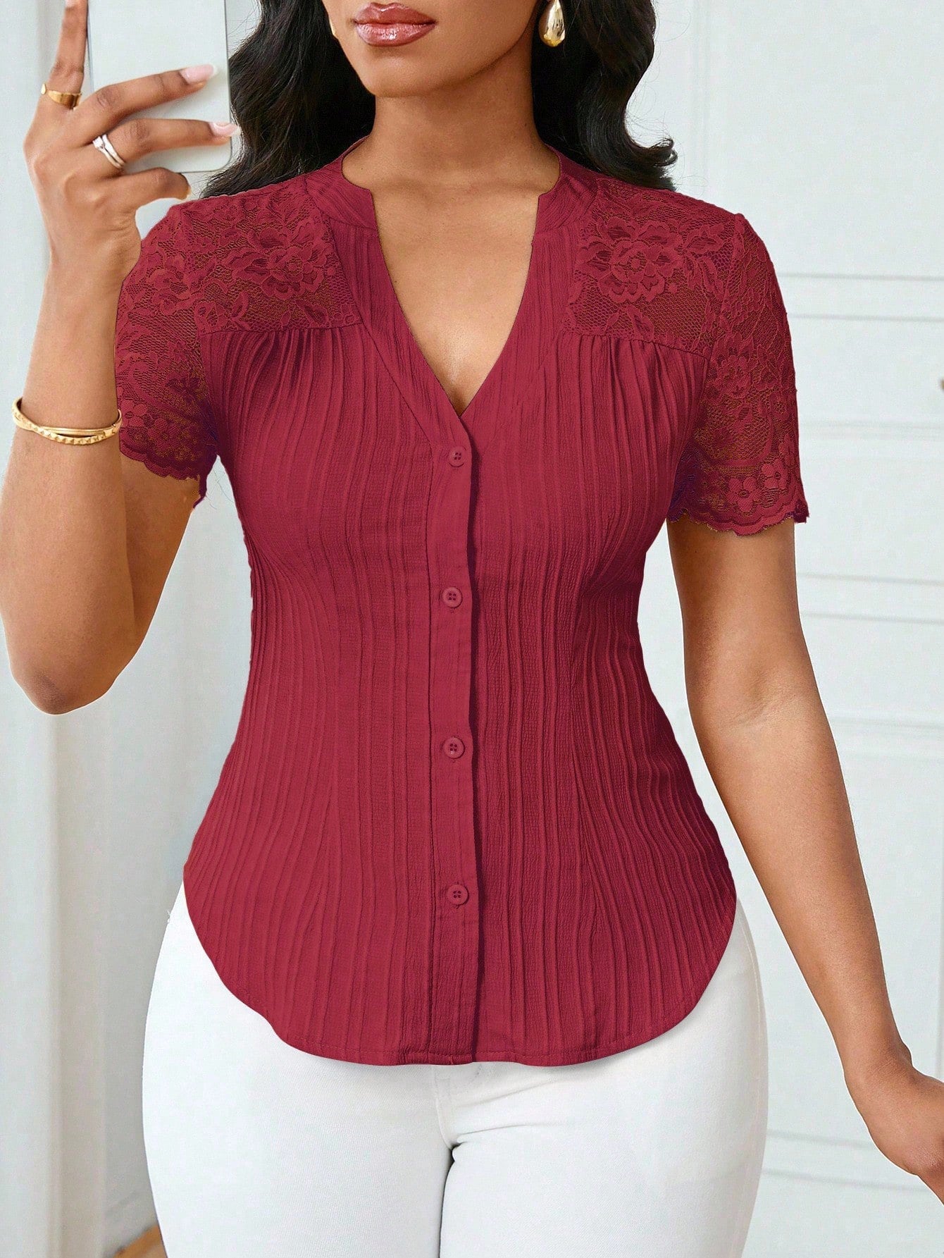 All Match Single Breasted Solid Color Slim Fit Embroidery Hollow Out Cutout Short Sleeve Top