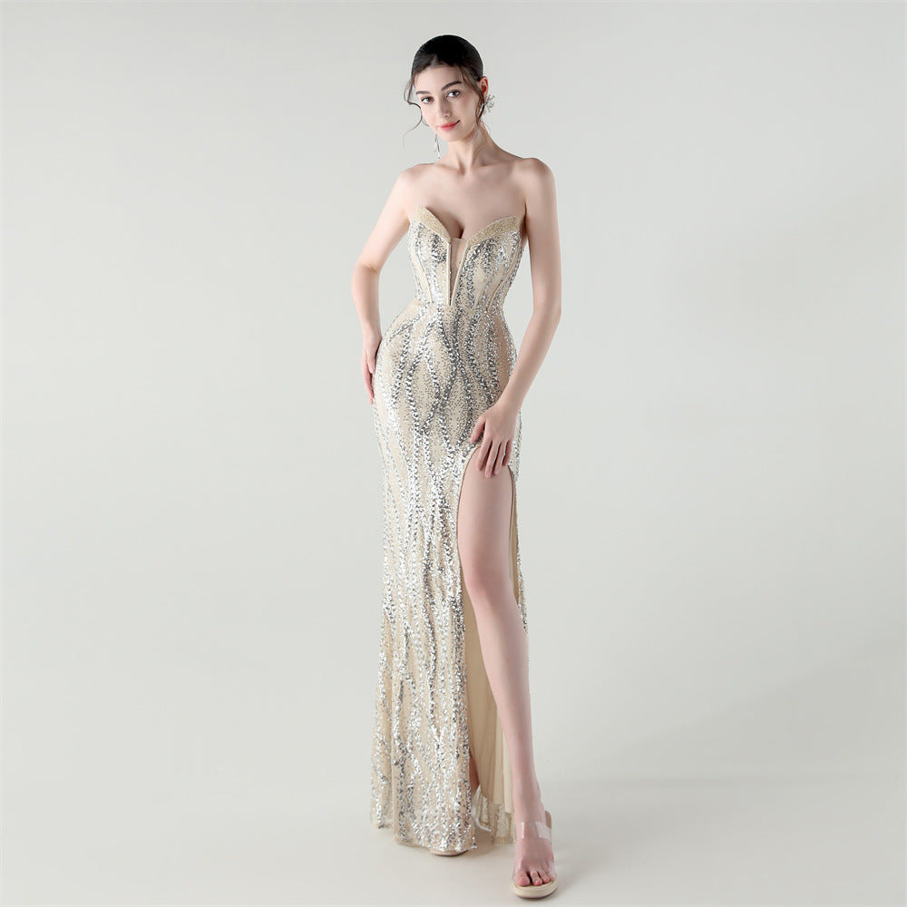 Boning Corset Waist Tight Heavy Industry Beads Heart Shaped Collar Sequined Evening Dress Luxury Cocktail Evening Dress