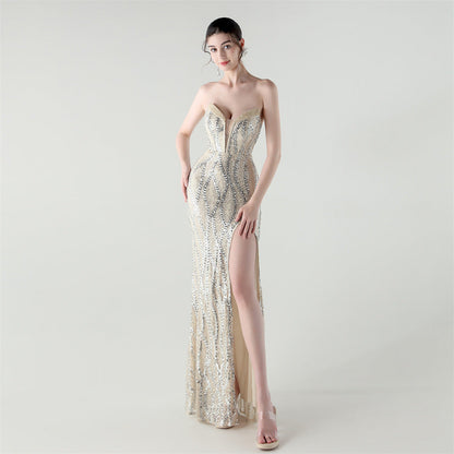 Boning Corset Waist Tight Heavy Industry Beads Heart Shaped Collar Sequined Evening Dress Luxury Cocktail Evening Dress