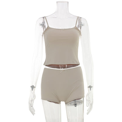 Summer Casual Cool Home Women Clothing Comfortable Soft Skin Strap Top Shorts Sexy Two Piece Sets