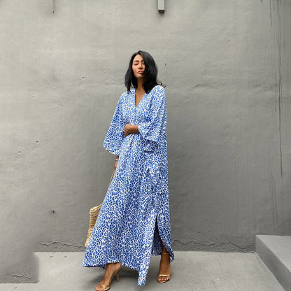 Printed Long Skirt Beach Cover up Vacation Maxi Dress Bikini Swimsuit Blouse Sun Protection Shirt
