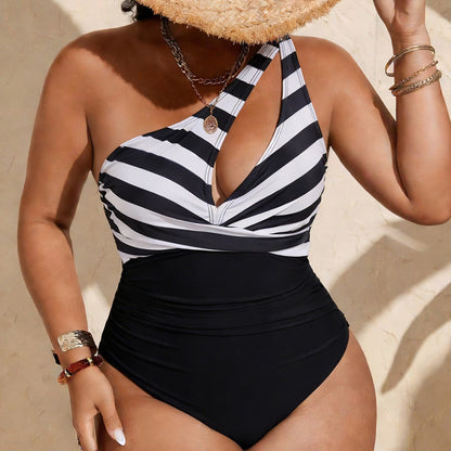 Bikini Striped Printed One Shoulder Hollow Out Cutout Sexy One Piece Bikini Swimsuit for Women