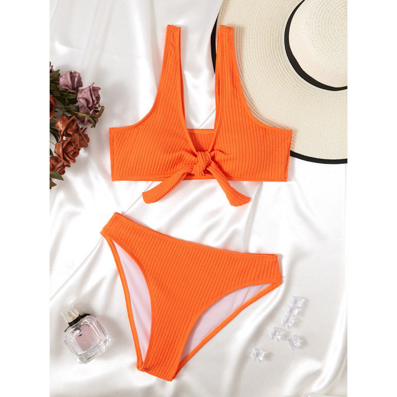 Swimsuit Women Split Sunken Stripe Solid Color Hollow Out Cutout Bikini Sexy Swimsuit