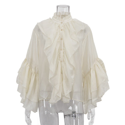 All Match Casual Women Shirt Design Ruffled Stand up Collar Long Sleeved French Top