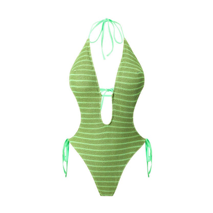 Bikini Sexy Deep V Plunge Lace up Halterneck Backless Siamese Women Swimsuit