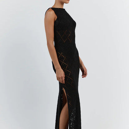 Women Clothing Sexy See through Crocheted Hollow Out Cutout Knitted Long Dress