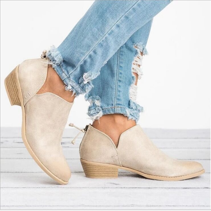 Plus Size Thick Heel Thin Ankle Boots Women Solid Color Pointed Toe Back Zipper Low Heel Shoes
