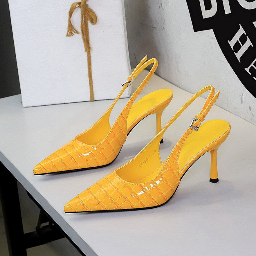 Pana Pattern Sexy Plaid Pointed Toe Shallow Mouth Ankle Strap Buckle Stiletto Heel Cocktail Women Shoes