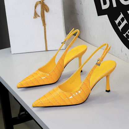 Pana Pattern Sexy Plaid Pointed Toe Shallow Mouth Ankle Strap Buckle Stiletto Heel Cocktail Women Shoes