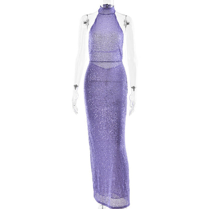Summer Elegant Slim Women Dress Sexy Backless Sleeveless Sequined Sheath Dress