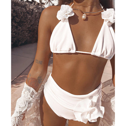 Solid Color Rib Fabric Three Point Bikini Split Swimsuit Women High Waist Strap 3D Decoration