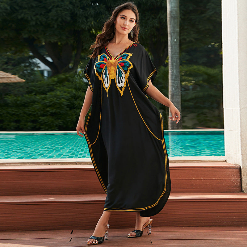 Cotton Embroidered Holiday Loose Plus Size Maxi Dress Seaside Beach Jacket Blouse Dress Bikini Cover up