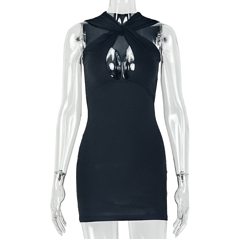 Solid Color Slim Fit Women V neck Summer Hip Dress Date Sleeveless Short Dress