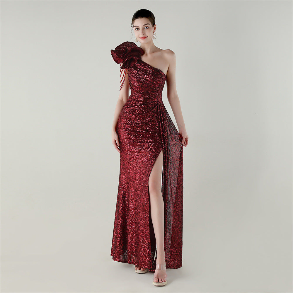 Craft Floral Beaded One Shoulder Diagonal Collar Fishtail Evening Dress Dinner Wedding Awards Ceremony Social Dress