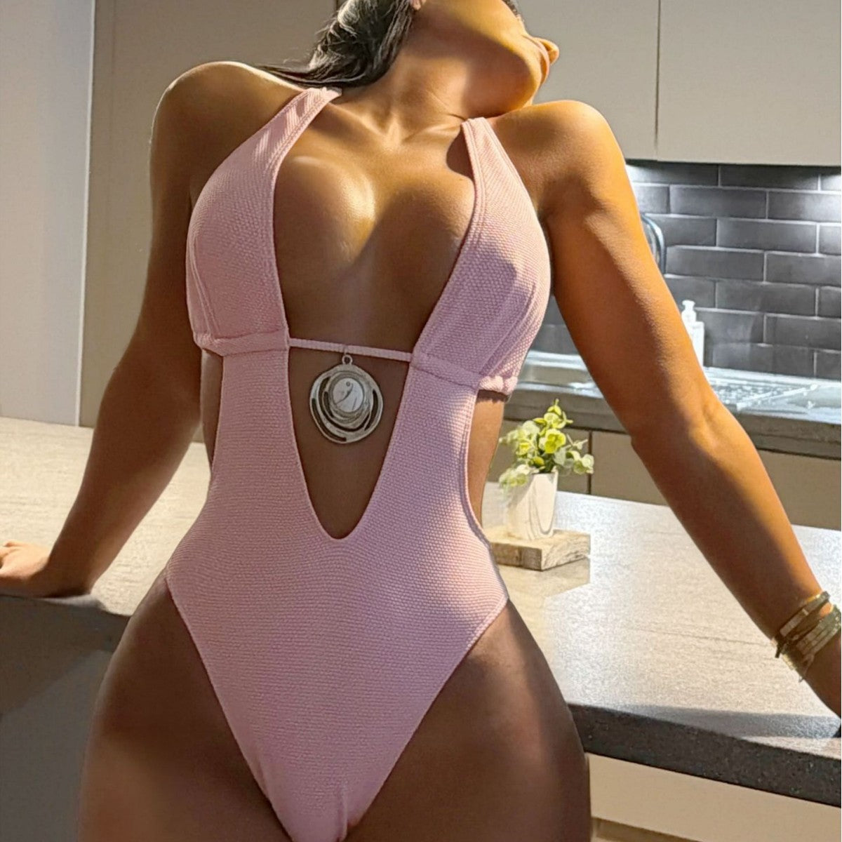 Swimsuit Sexy Deep V Plunge Bikini Solid Color Drawstring Ruffle Swimsuit Women