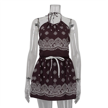 Digital Vintage Print Sexy Women Lace up Halterneck Backless Top High Waist Short Skirt Two Piece Sets