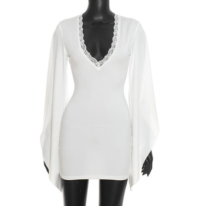 Women Clothing Autumn Solid Color Casual Lace Flared Long Sleeve Bodycon Dress
