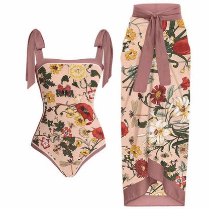 Double Sided Swimsuit Printed Conservative Cover Belly Sheath Dress Two Piece Swimsuit