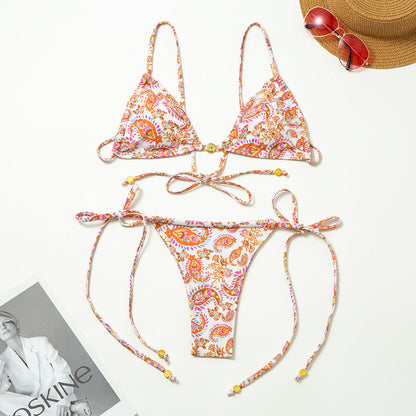 Fresh Printed Split Swimsuit Women Sexy Lace up Backless Bikini