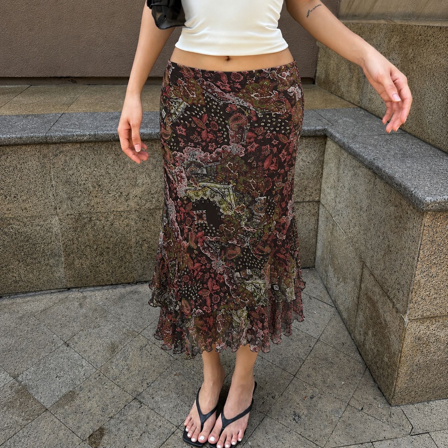 Retro Ethnic Print Wooden Ear Mesh Skirt Summer Niche Artistic Sense Vacation Sheath Skirt Women