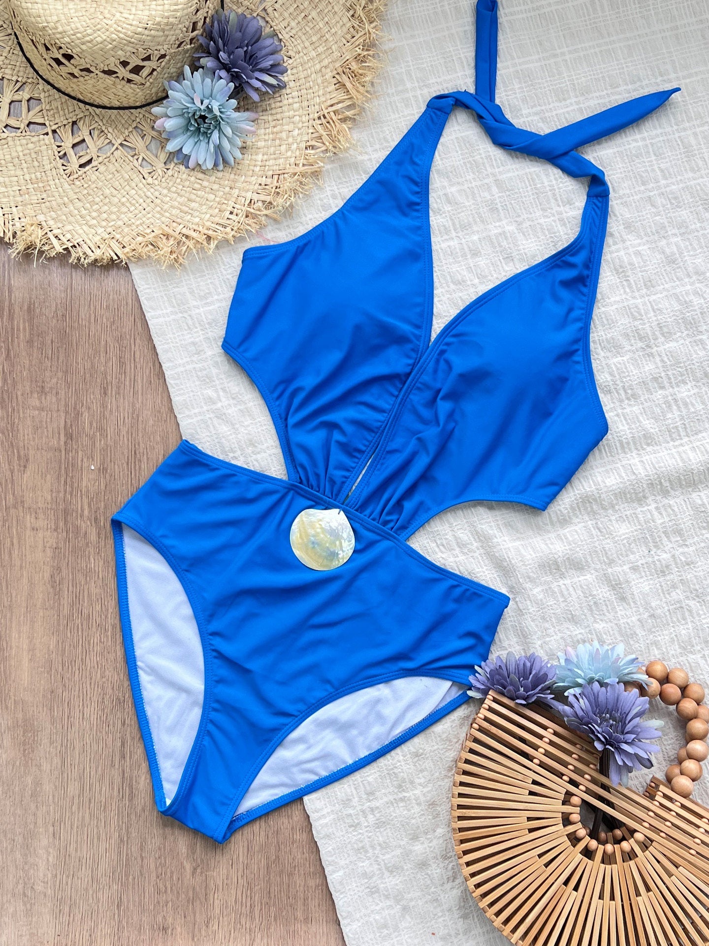 Halter Strap Slip on One Piece Bikini Deep V Plunge Swimsuit Women Solid Color High Waist Swimsuit