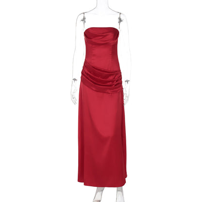Summer Women Solid Color Graceful Satin Pleated Slim Tube Top Dress