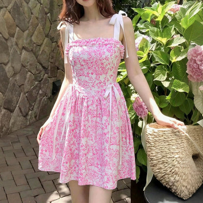 Vacation Seaside Summer Dress French Floral Lace up Light Luxury High Grade Elegant Dress