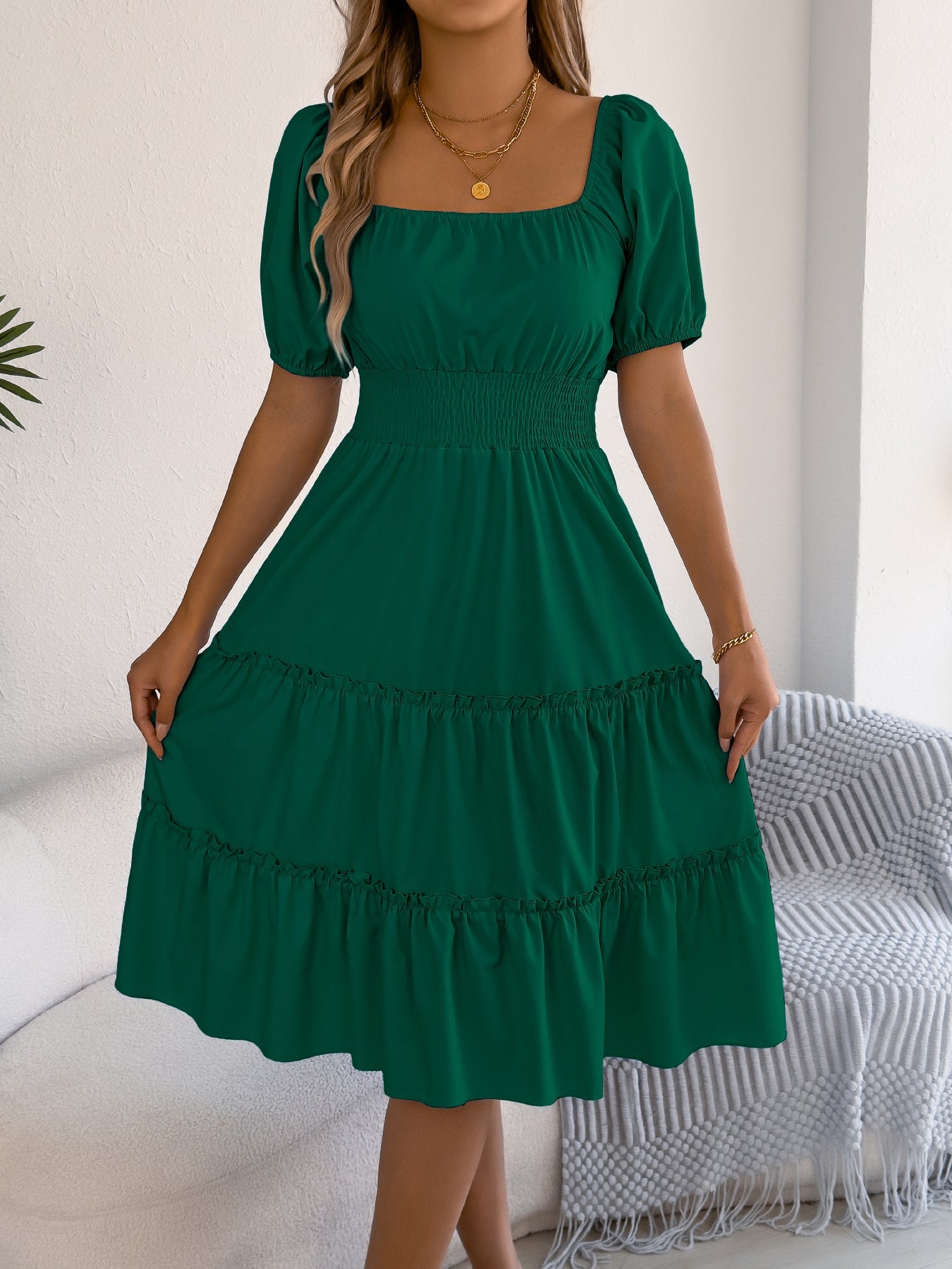 Spring Summer Solid Color Square Collar Short Sleeve Wooden Ear Large Swing Dress Women Clothing