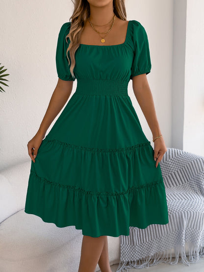 Spring Summer Solid Color Square Collar Short Sleeve Wooden Ear Large Swing Dress Women Clothing