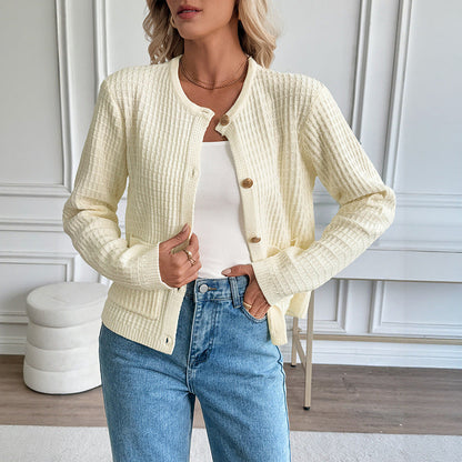 Autumn Winter Casual Korean Metal Button Cardigan Solid Color Sweater Coat for Women