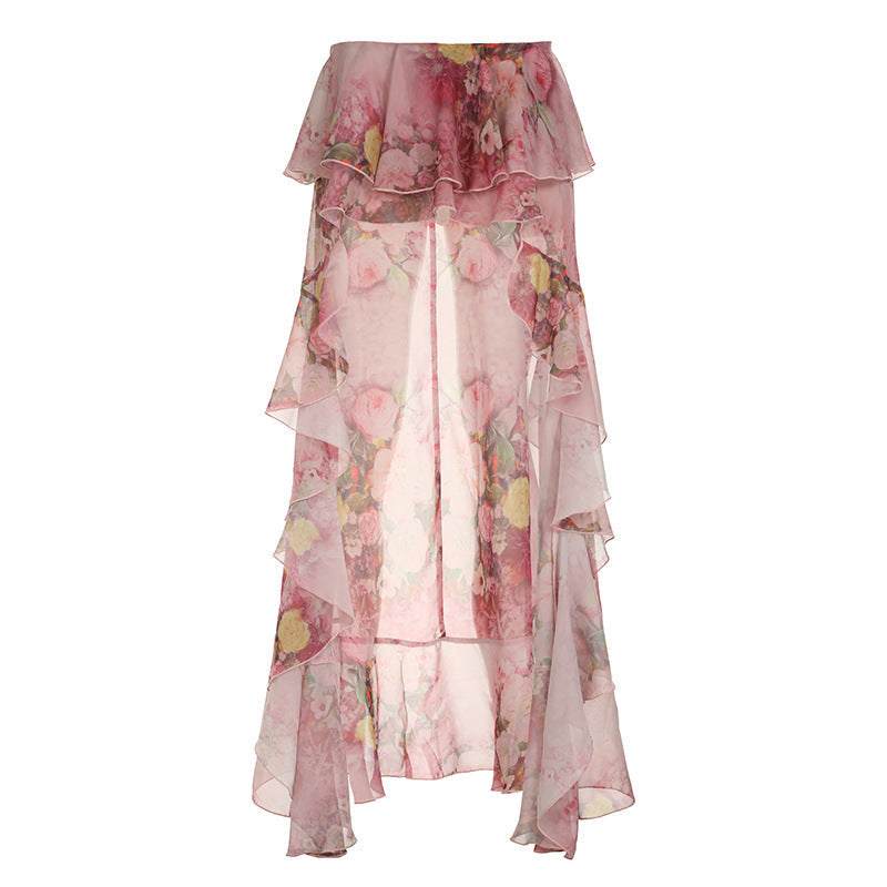 Sexy Holiday Romantic Floral Print Ruffled Skirt Sexy Irregular Asymmetric Trailing Dress with Lining